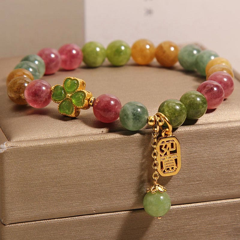Wear FengShui Tourmaline Jade Colorful Four-leaf Clover Positive Bracelet