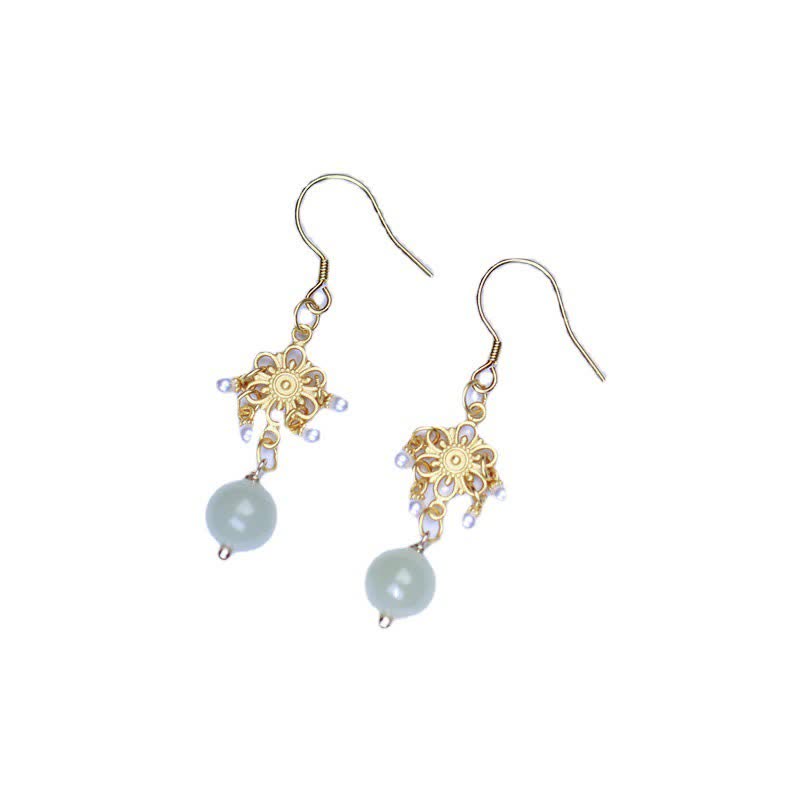 Wear FengShui Hetian Jade Flower Pattern 14K Gold Plated Luck Drop Dangle Earrings