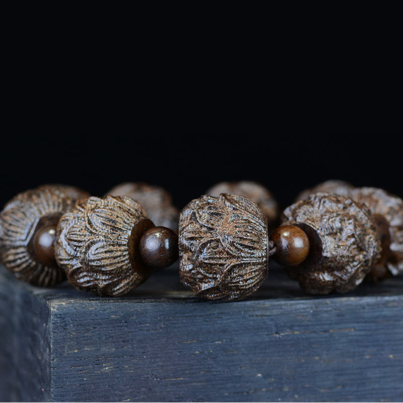 Wear FengShui Ebony Wood Eighteen Arhats Lotus Dragon Engraved Balance Bracelet