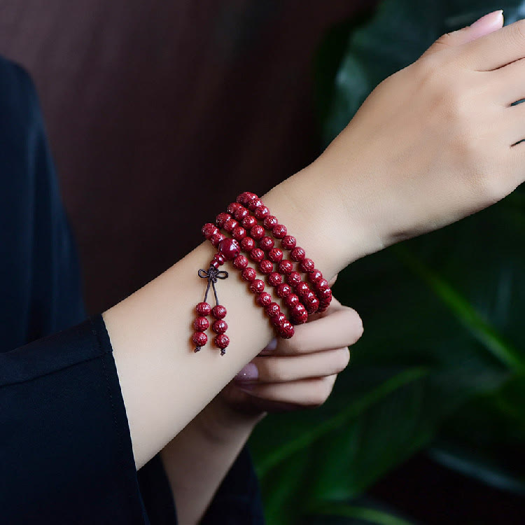 Wear FengShui 108 Mala Beads Cinnabar Om Mani Padme Hum Pattern Engraved Blessing Bracelet
