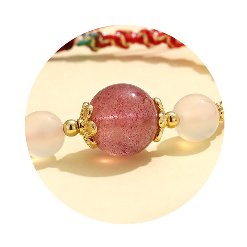 Wear FengShui Strawberry Quartz Pink Crystal Prehnite White Agate Bead Healing Rope Bracelet