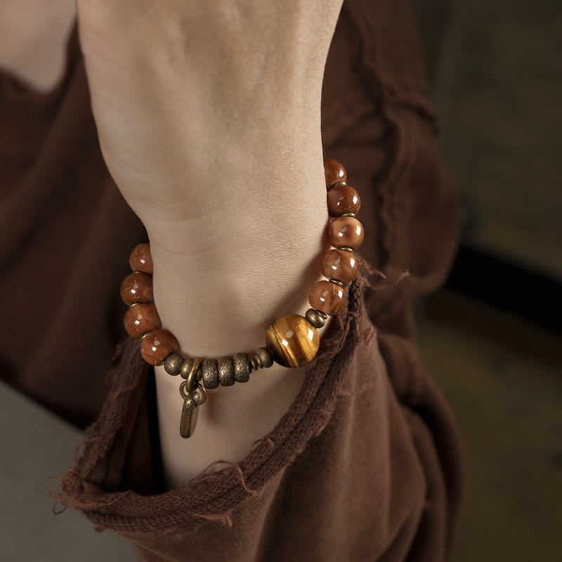 Wear FengShui Kuka Seed Tiger Eye Gold Sheen Obsidian Brass Copper Wealth Luck Bracelet