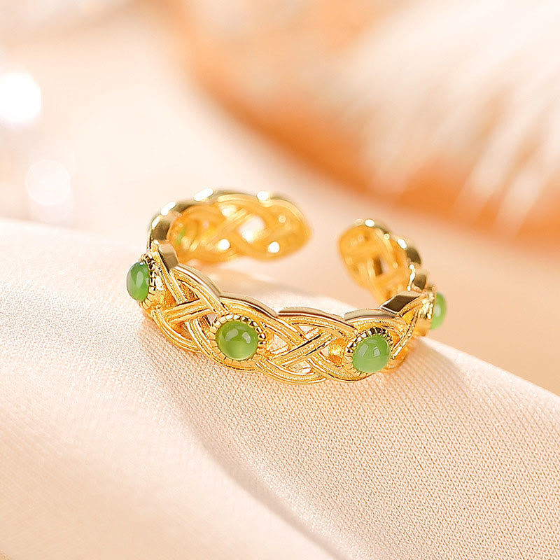 Wear FengShui 925 Sterling Silver Plated Gold Cyan Jade Braided Design Success Luck Adjustable Ring