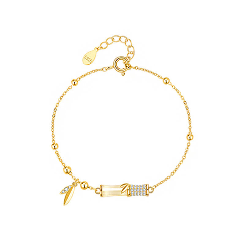 Wear FengShui 925 Sterling Silver 18K Gold Plated White Jade Bamboo Zircon Leaf Luck Bracelet