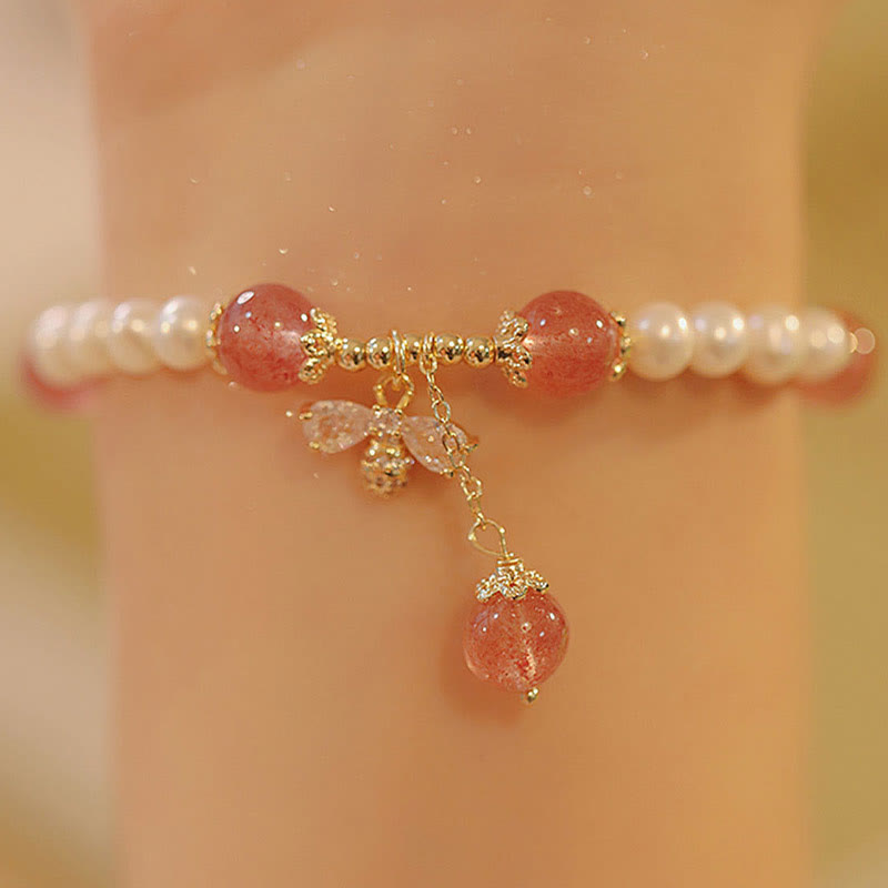 Wear FengShui Natural Pearl Strawberry Quartz Healing Cute Honey Bee Charm Bracelet