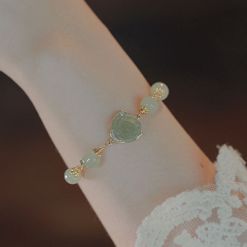 Wear FengShui 14K Gold Plated Hetian Jade Rose Flower Luck Chain Bracelet