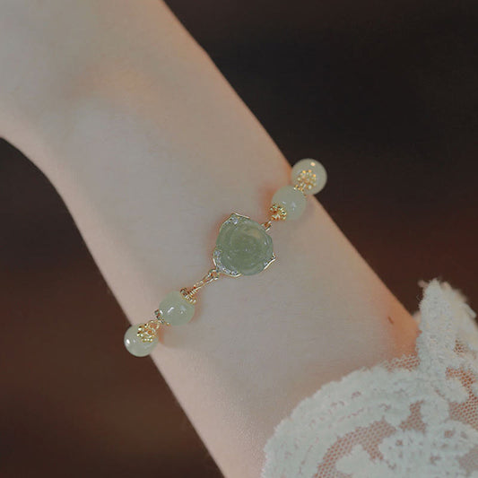 Wear FengShui 14K Gold Plated Hetian Jade Rose Flower Luck Chain Bracelet