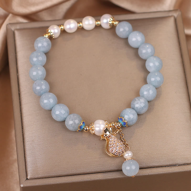 Wear FengShui Aquamarine Pearl Fortune Money Bag Charm Bracelet
