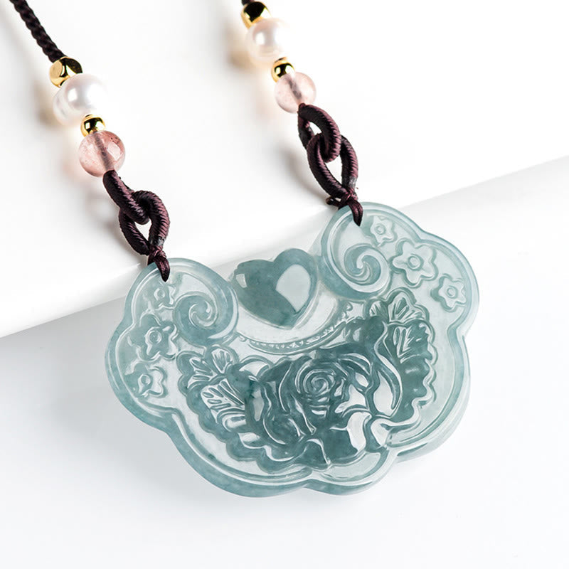 Wear FengShui Natural Jade Peony Flower Lock of Good Wishes Prosperity Necklace Pendant