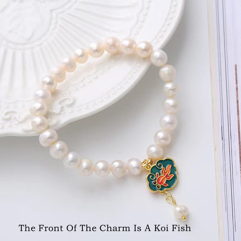 Wear FengShui Natural Pearl Lotus Koi Fish Goldfish Optimism Charm Bracelet