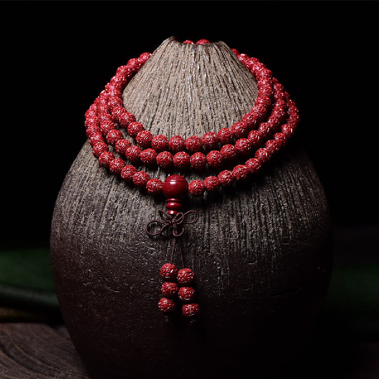 Wear FengShui 108 Mala Beads Cinnabar Om Mani Padme Hum Pattern Engraved Blessing Bracelet