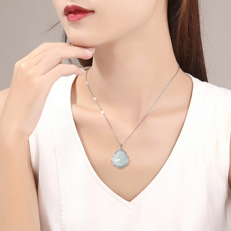 Wear FengShui Laughing Buddha Natural Jade Abundance Titanium Steel Chain Necklace Pendant