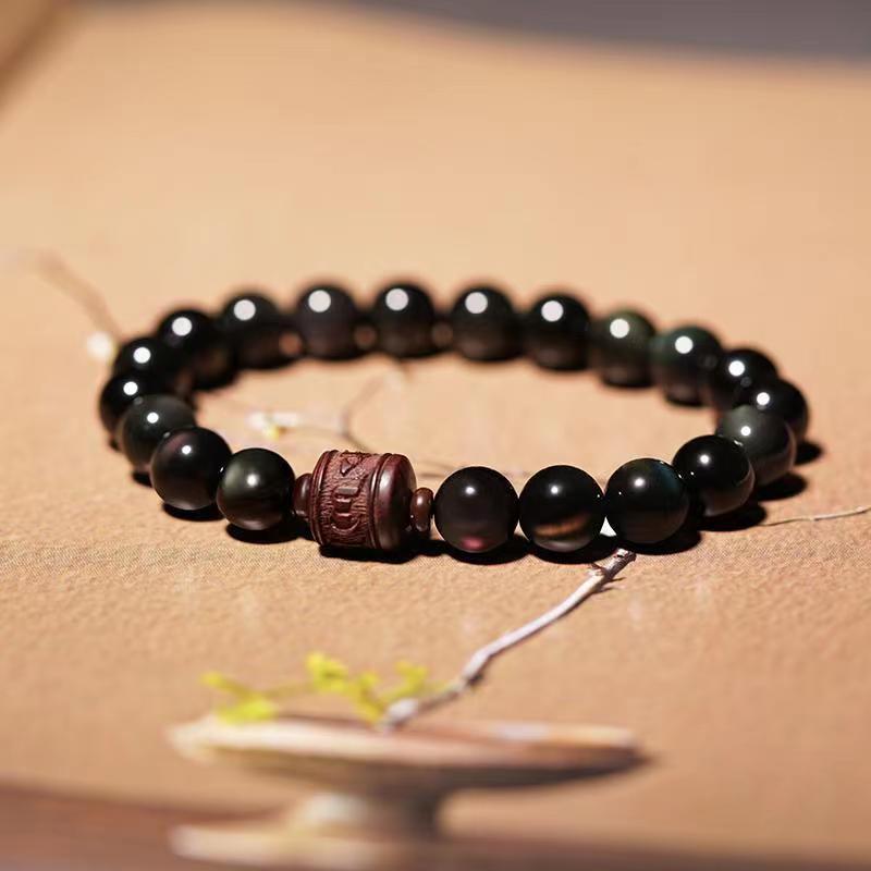 Wear FengShui Natural Gold Sheen Obsidian Rainbow Obsidian Om Mani Padme Hum Fu Character Healing Bracelet