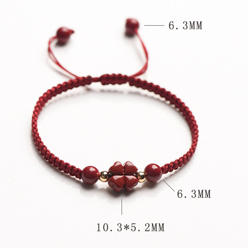 Wear FengShui Four Leaf Clover Five-petal Flower Cinnabar Blessing Red String Bracelet