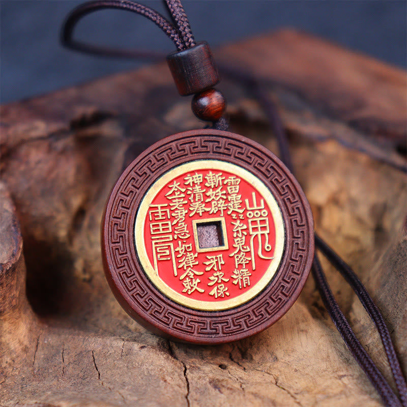 Wear FengShui Lightning Struck Jujube Wood Yin Yang Bagua Mountain Ghosts Spend Money Protection Necklace Pendant