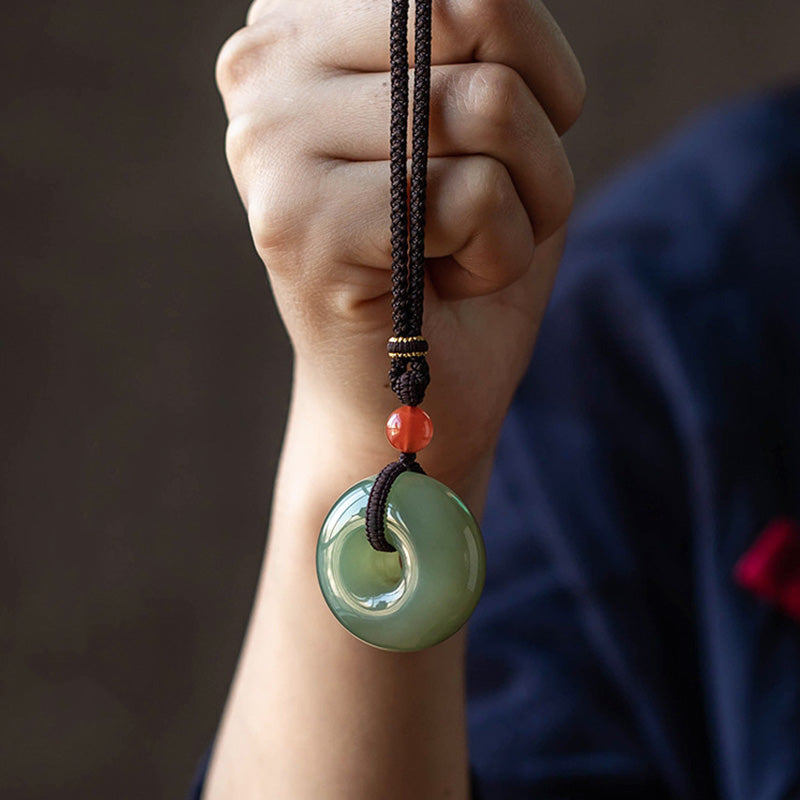 Wear FengShui Natural Round Jade Gray Jade Peace Buckle Luck Necklace Pendant