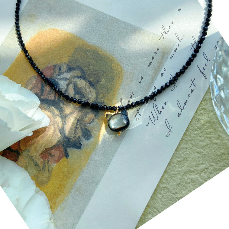 Wear FengShui Black Spinel Cute Cat Motivate Choker Necklace