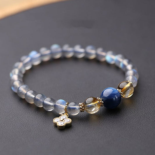 Wear FengShui Natural Moonstone Flower Chram Healing Beads Bracelet