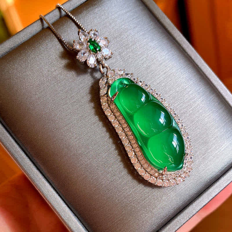 Wear FengShui Fortune Bean Cyan Jade Luck Necklace Pendant