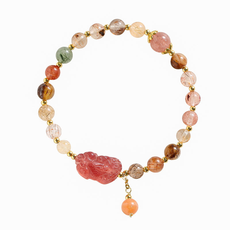 Wear FengShui Natural Rutilated Quartz Strawberry Quartz PiXiu Wealth Bracelet