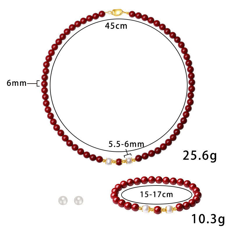 Wear FengShui 925 Sterling Silver Natural Cinnabar Pearl Blessing Necklace Pendant Bracelet Earrings Jewelry Set