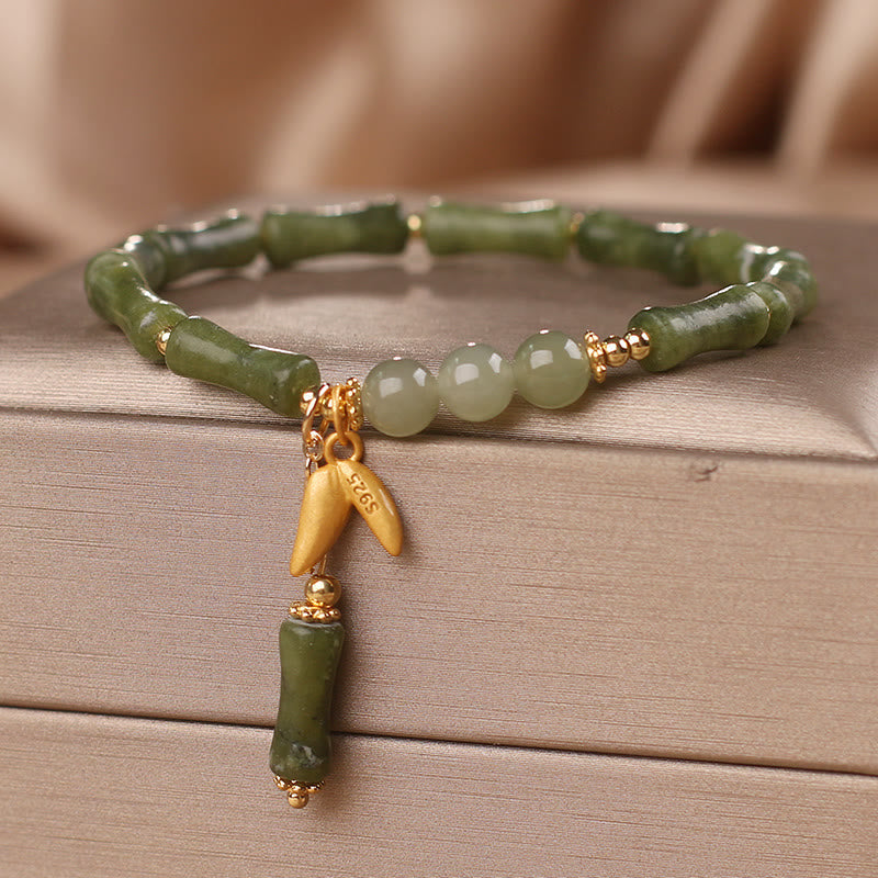 Wear FengShui Green Bamboo Jade Leaf Pattern Wealth Luck Bracelet