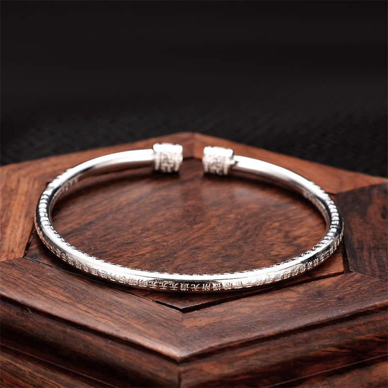 Wear FengShui Heart Sutra Engraved Swastika Pattern Luck White Copper Bracelet Bangle