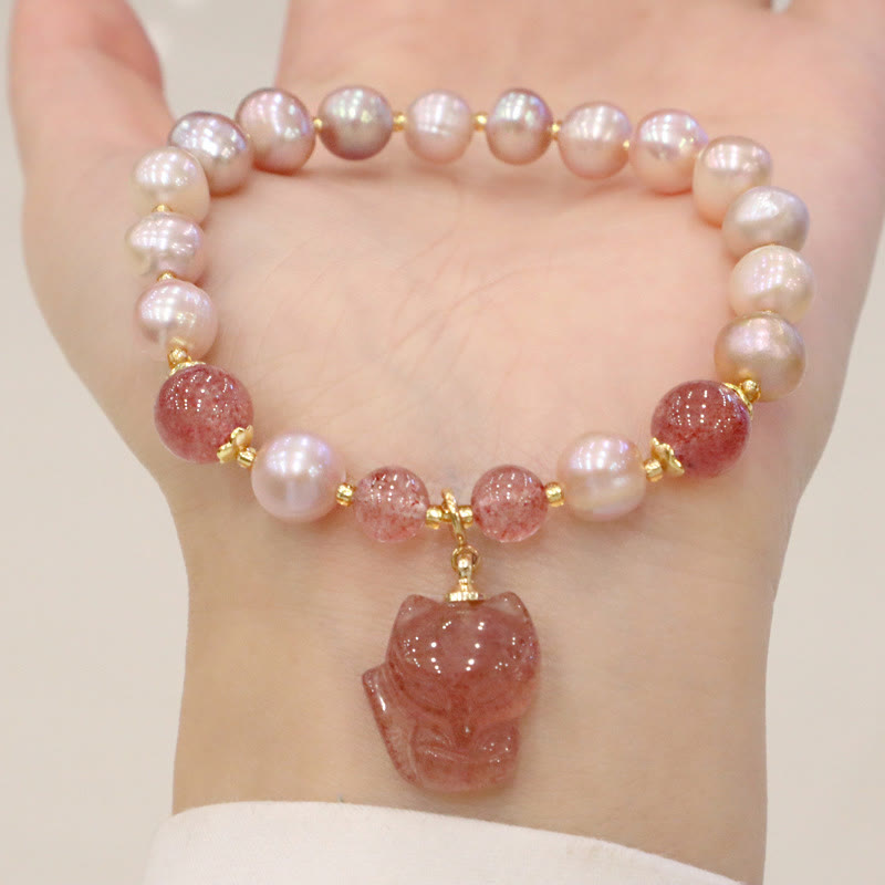 Wear FengShui Natural Pearl Strawberry Quartz Cute Fox Love Healing Charm Bracelet