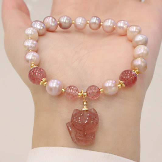 Wear FengShui Natural Pearl Strawberry Quartz Cute Fox Love Healing Charm Bracelet