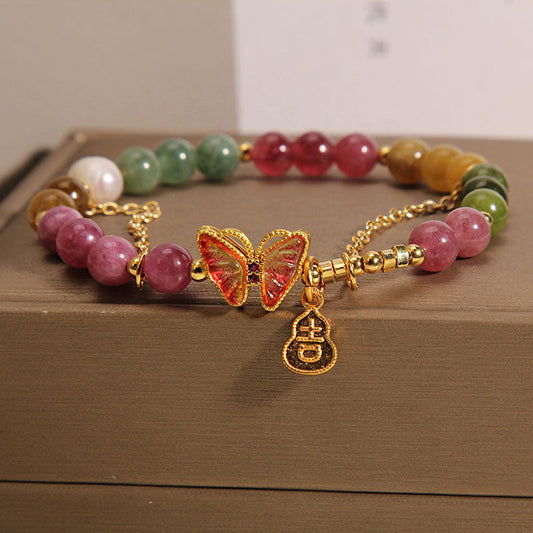 Wear FengShui Natural Colorful Tourmaline Butterfly Auspicious Character Gourd Charm Positive Bracelet