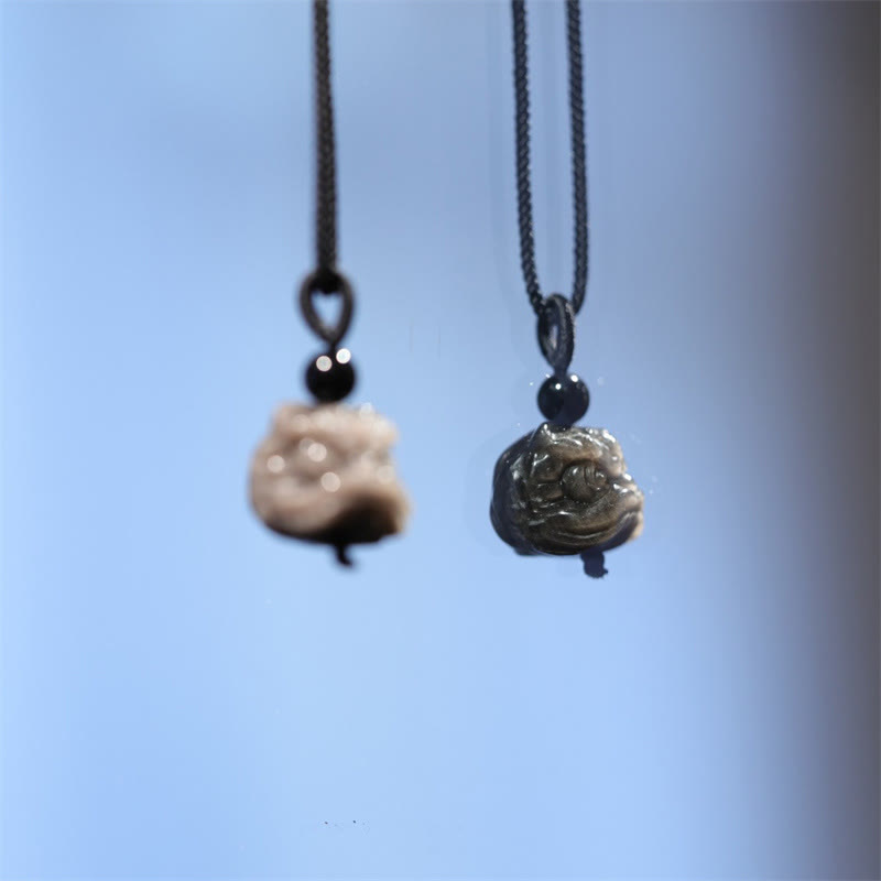 Wear FengShui Natural Silver Sheen Obsidian Dancing Lion Protection Necklace Pendant