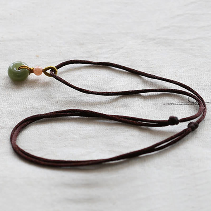 Wear FengShui Natural Round Jade Peace Buckle Lotus Abundance String Necklace Pendant