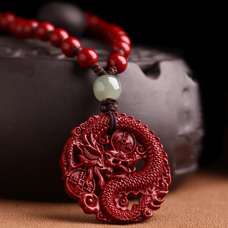 Wear FengShui Year Of The Dragon Natural Cinnabar Hetian Jade Bead Copper Coin Attract Wealth Strength Necklace Pendant