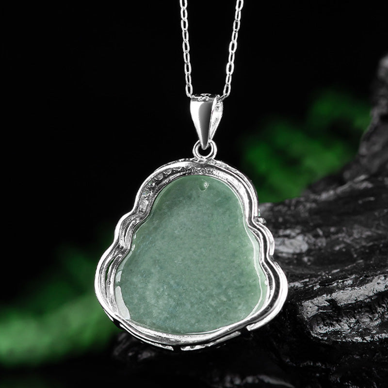 Wear FengShui Laughing Buddha Jade Abundance Necklace Titanium Steel Chain Pendant
