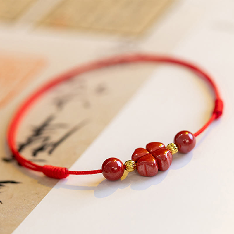 Wear FengShui Four Leaf Clover Cinnabar Blessing Calm String Bracelet Anklet