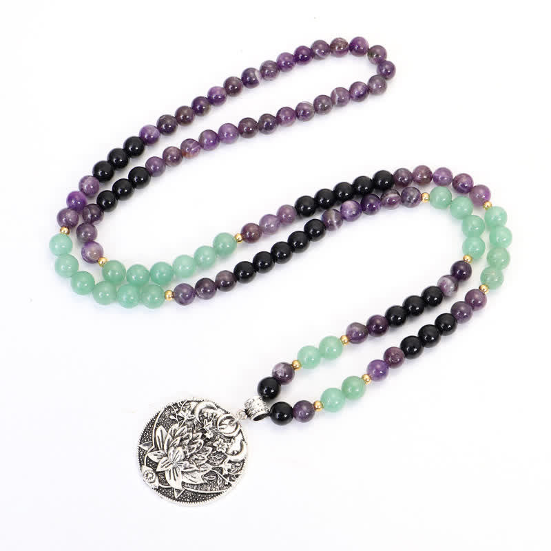 Wear FengShui 108 Mala Beads Amethyst Green Aventurine Lotus Meditation Bracelet