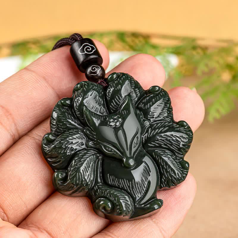 Wear FengShui Hetian Cyan Jade Nine Tailed Fox Luck Necklace String Pendant