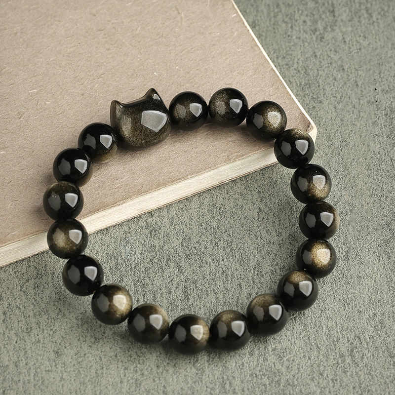 Wear FengShui Gold Sheen Obsidian Silver Sheen Obsidian Lovely Paw Lucky Cat Protection Bracelet