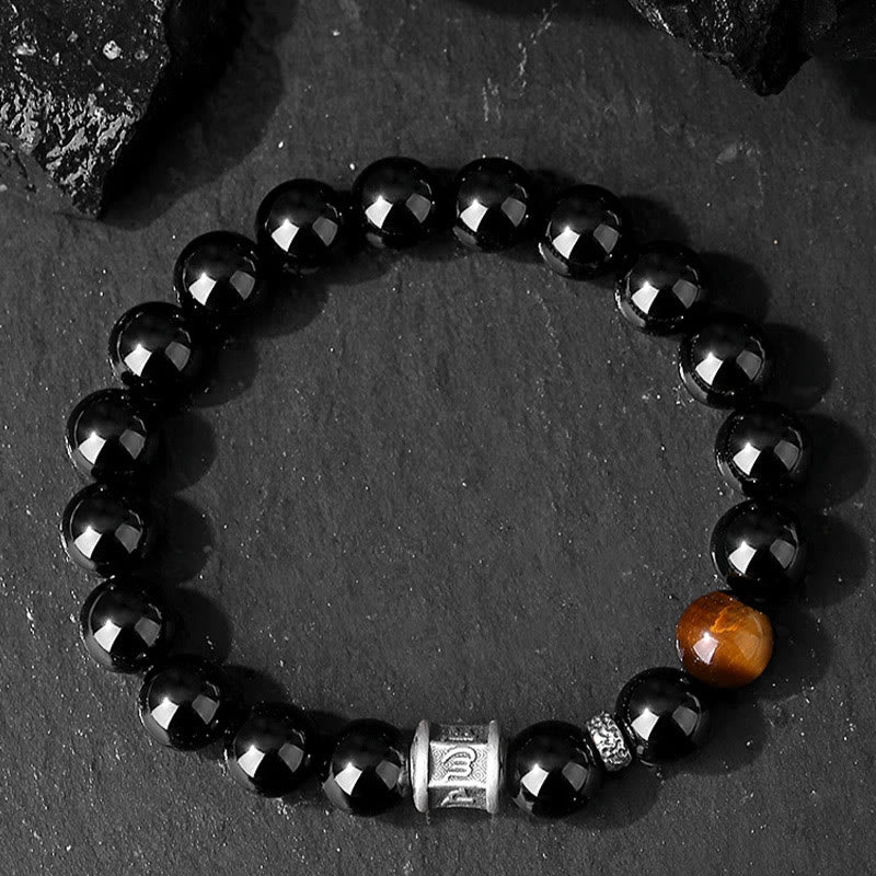 Wear FengShui 999 Sterling Silver Black Obsidian Tiger Eye Om Mani Padme Hum Fulfillment Bracelet
