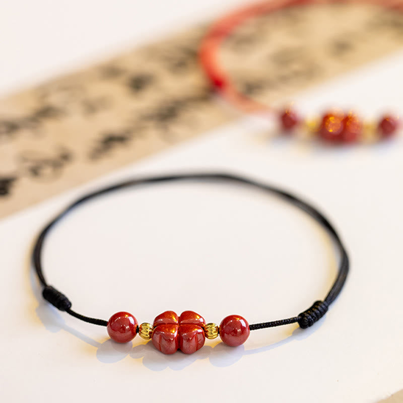 Wear FengShui Four Leaf Clover Cinnabar Blessing Calm String Bracelet Anklet