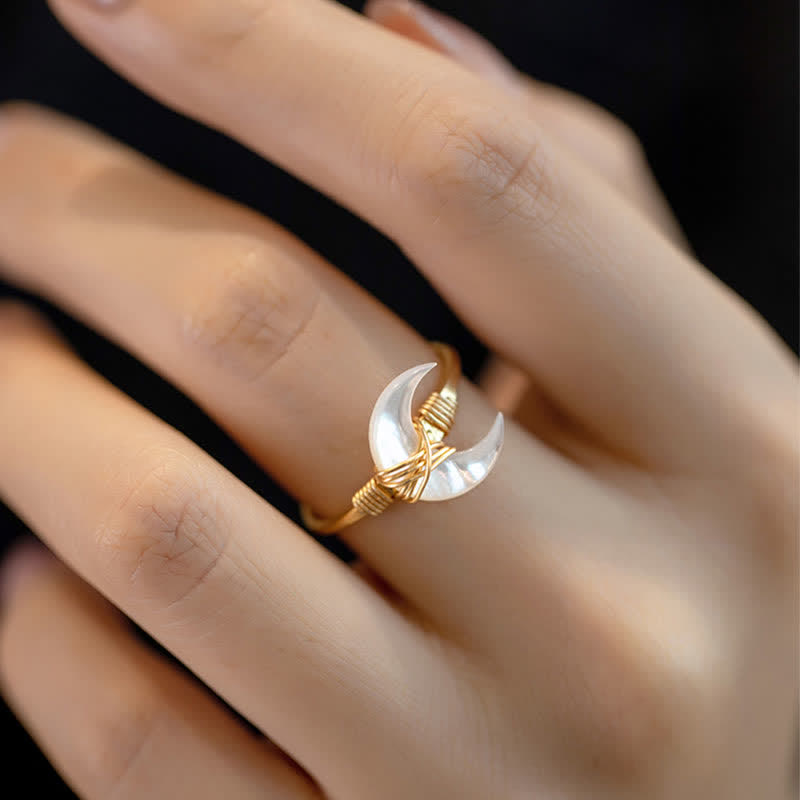 Wear FengShui Natural Tridacna Stone Moon 14K Gold Blessing Ring