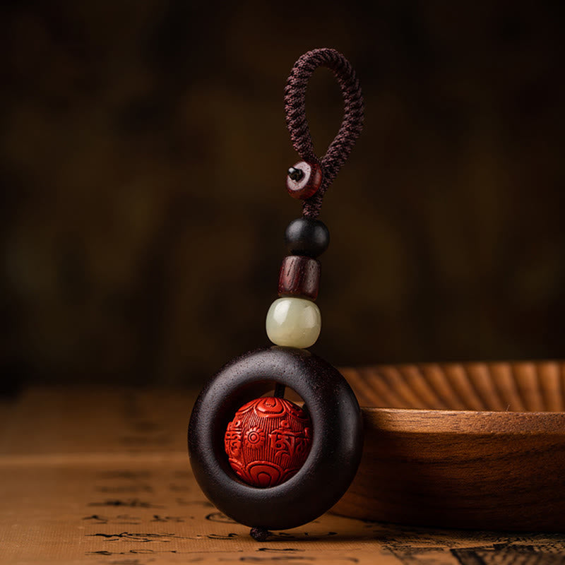 Wear FengShui Tibet Om Mani Padme Hum PiXiu Copper Coin Small Leaf Red Sandalwood Cinnabar Protection Key Chain