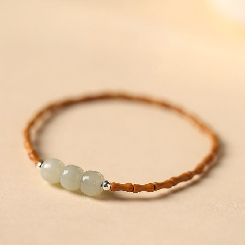Wear FengShui Natural Olive Pit Bamboo Pattern Hetian Jade Beads Luck Bracelet