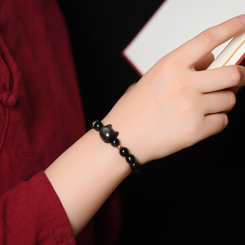 Wear FengShui Gold Sheen Obsidian Silver Sheen Obsidian Lovely Paw Lucky Cat Protection Bracelet