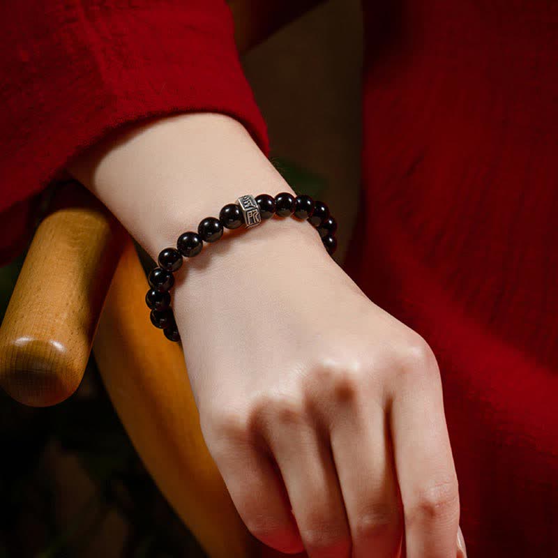 Wear FengShui Chinese Zodiac Natal Buddha 925 Sterling Silver Black Obsidian Moonstone Strength Bracelet