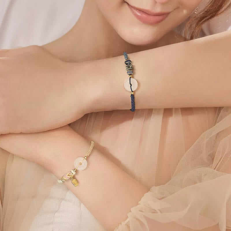 Wear FengShui Handmade White Agate Peace Buckle Luck Happiness Protection Weave String Bracelet