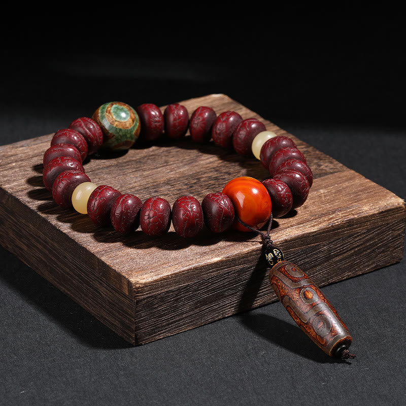 Wear FengShui Tibet Bodhi Seed Dzi Bead Dancing Lion Luck Bracelet Wrist Mala