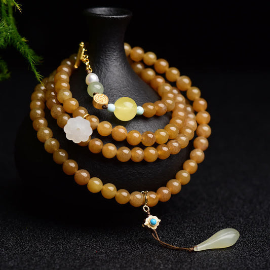 Wear FengShui Natural Hetian Topaz Amber Lotus White Jade Pearl Success Bracelet
