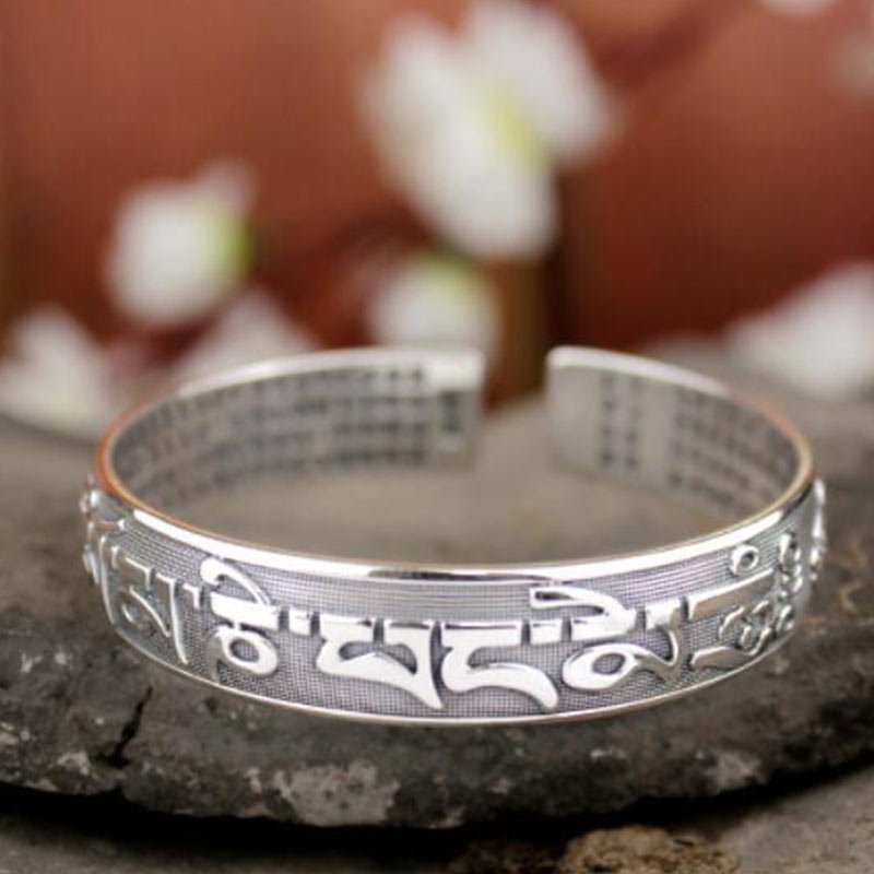 Wear FengShui Tibetan Sanskrit White Copper Meditation Prayer Bracelet Bangle