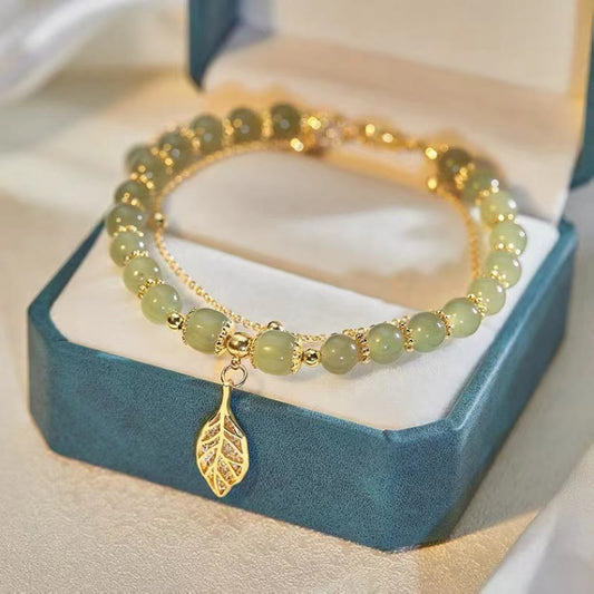 Wear FengShui Jade Leaf Ginkgo Tulip Peanut Fu Character Luck Beaded Bracelet